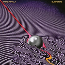 Album cover of Currents by Tame Impala: a metallic sphere on a purple and black optical-illusion landscape
