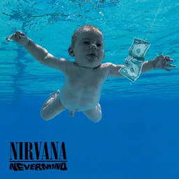 Album cover of Nevermind by Nirvana: a baby swimming underwater toward a dollar bill on a fishing hook
