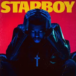 Album cover of Starboy by The Weeknd: a man in a dark leather jacket holding his head, lit in blue